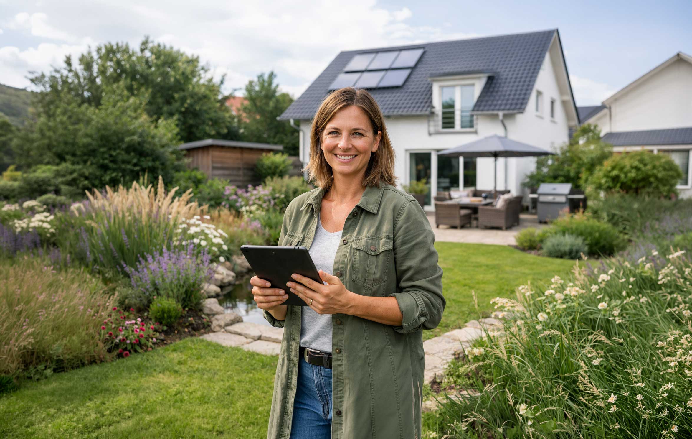 Frau steht im Garten eines Einfamilienhauses und plant auf ihrem iPad.