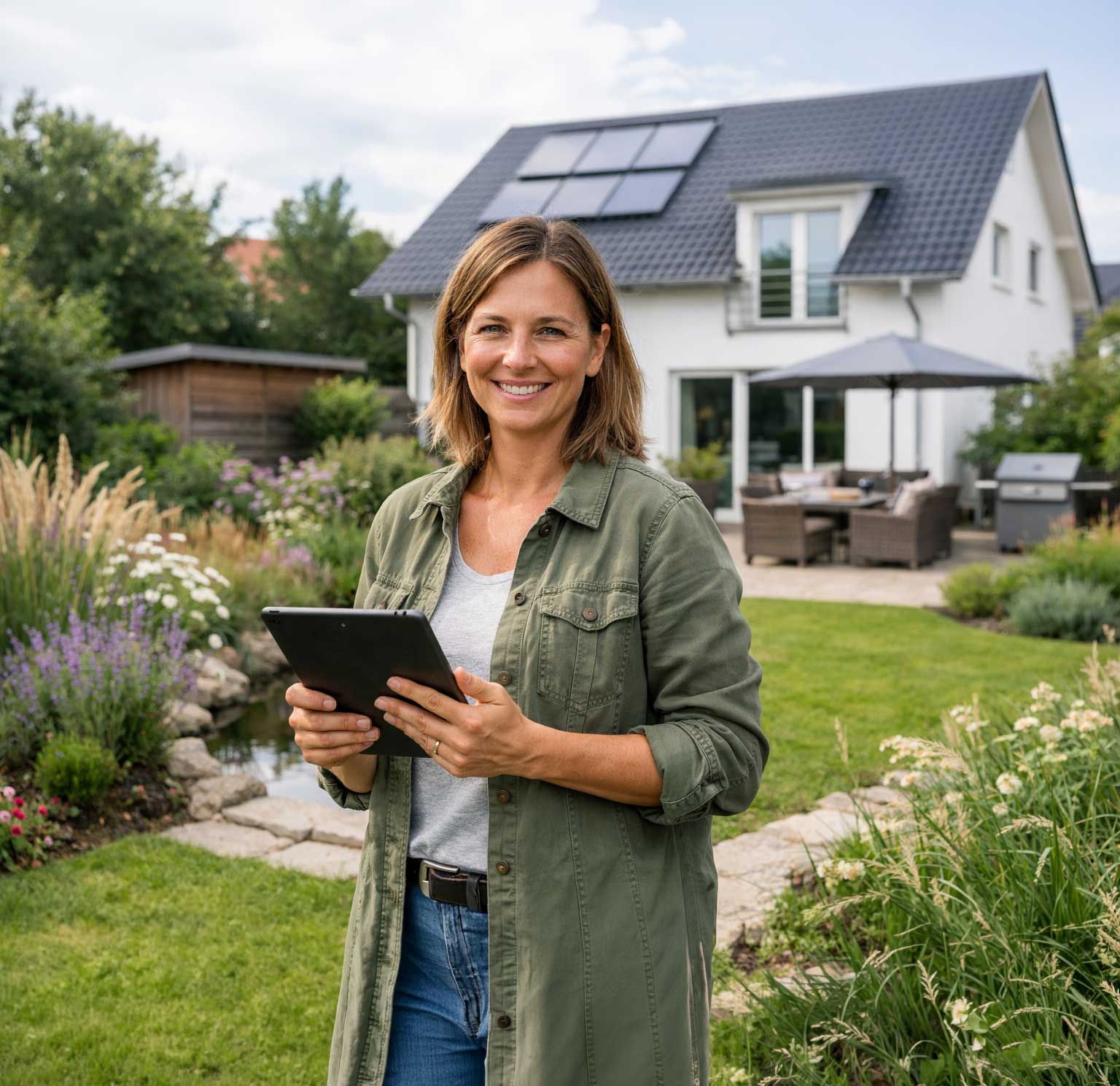 Frau steht im Garten eines Einfamilienhauses und plant auf ihrem iPad.