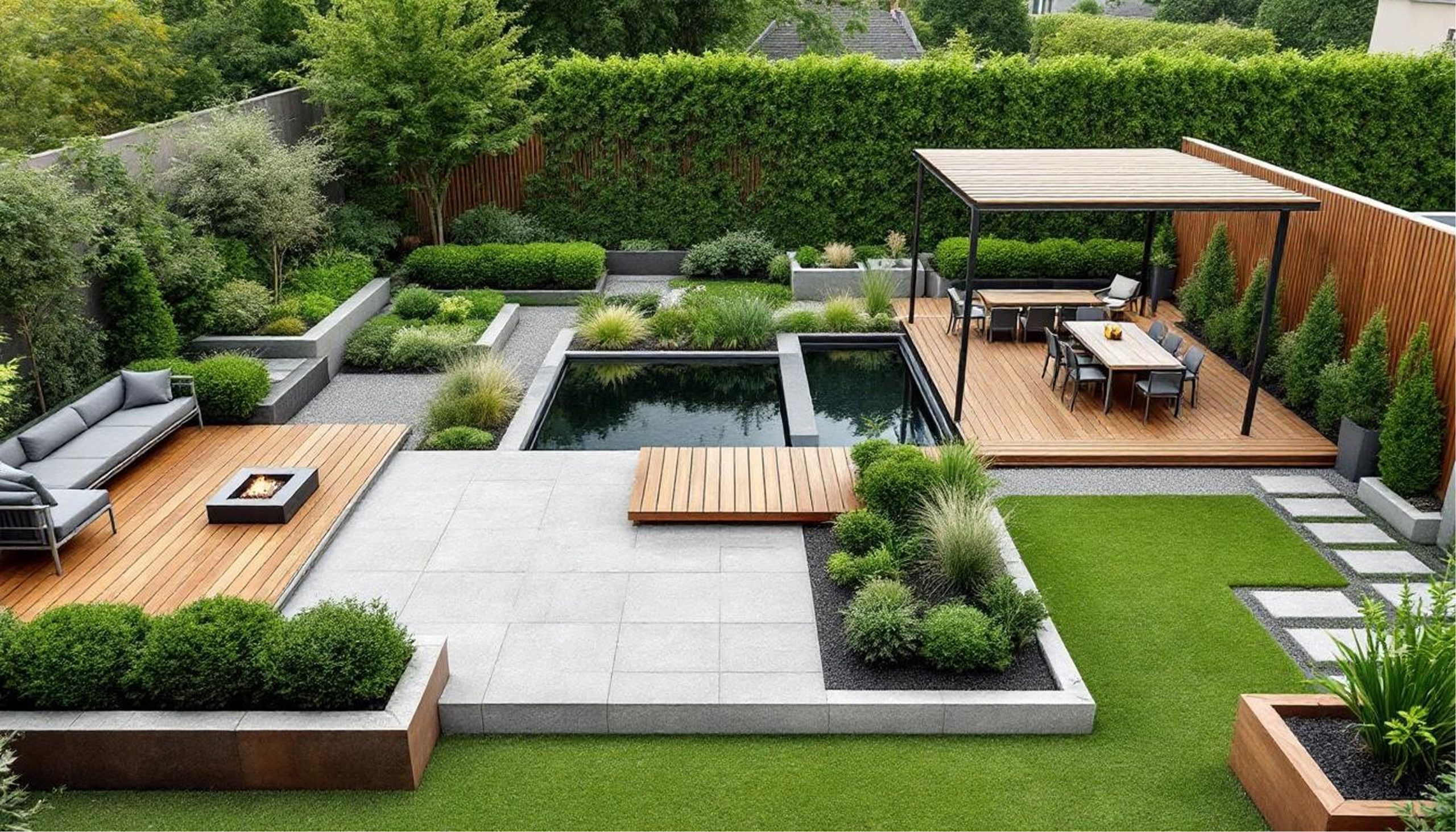 Bild eines modernen Gartens mit Freifläche und Teich.