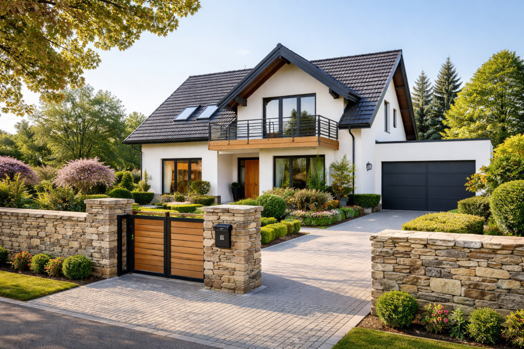 Bild eines Einfamilienhauses mit einer Mauer aus Sandstein.