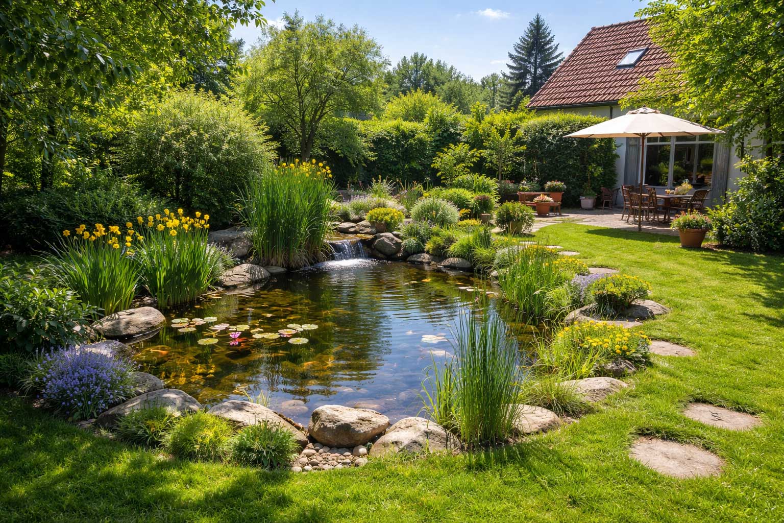 Bild eines Einfamiliengartens mit Teich.