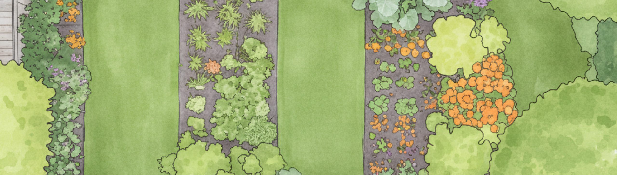 Zeichnung eines Nutzgartens aus der Topshot-Perspektive.