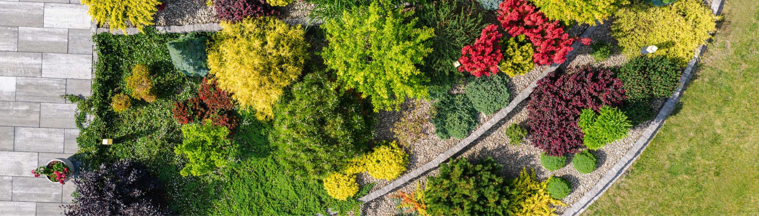 Topshot eines Garten mit bepflanzten Ebenen.