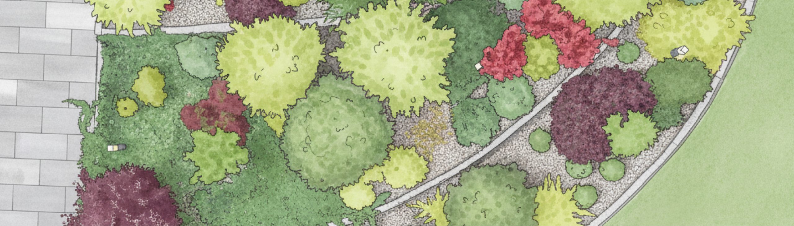 Zeichnung eines Topshot eines Garten mit bepflanzten Ebenen.