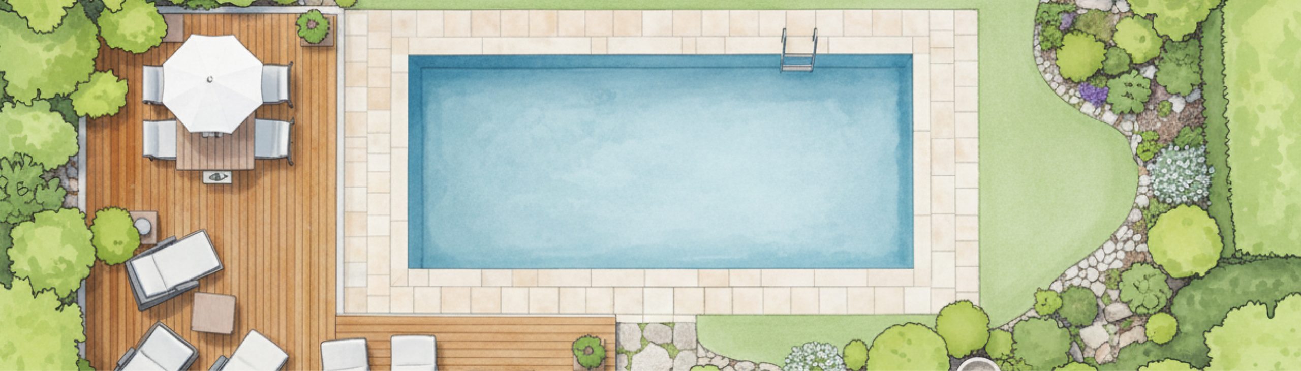 Zeichnung eines Topshots eines Bildes von einem Pool mit Terrasse, Sonnenschirm und Liegen. Rechts befinden sich Grünflächen.