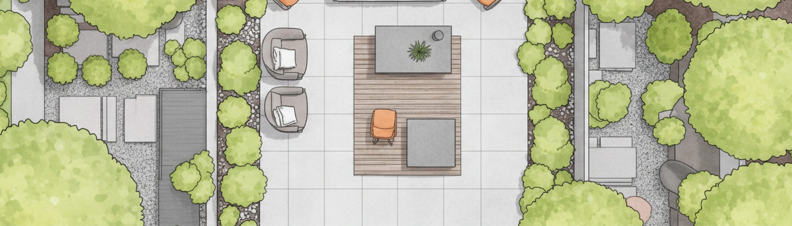 Zeichnung eines Topshots eines Gartens mit Terrasse auf dem Stühle, Tische und Sessel sind.